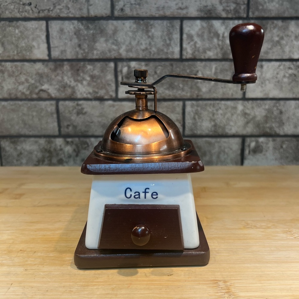 Vintage Small Wood, Porcelain, and Copper Metal Coffee Mill Grinder “ Cafe”